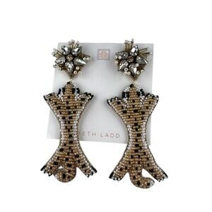 Beth Ladd Seed Bead Pierced Earrings Animal Cheetah Black White Taupe on Card